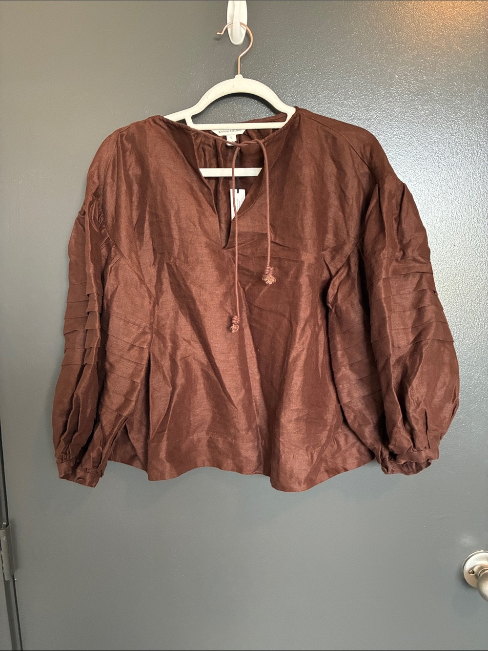 NWT Banana Republic Linen Peasant Blouse Chocolate Brown Sz S - Picture 2 of 7